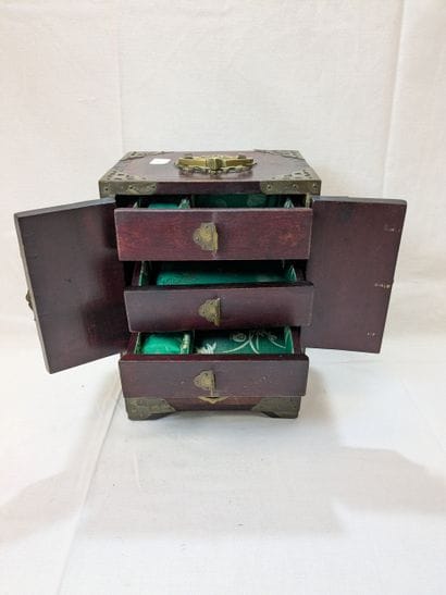 CHINA. Wood and metal jewelry box with semi-precious...