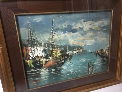 Paire d'Huiles sur carton figurant : Le port...