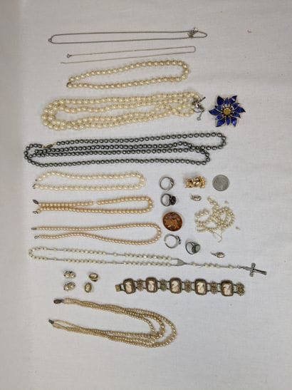 Set of metal, stone, resin, and glass jewelry,...