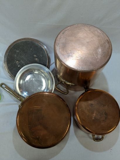 Tin-plated copper set including: a saucepan,...