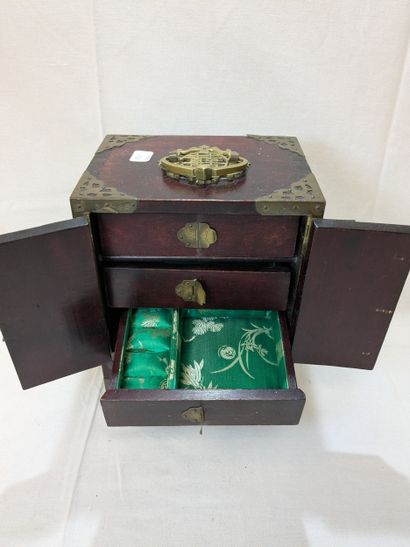 CHINA. Wood and metal jewelry box with semi-precious...