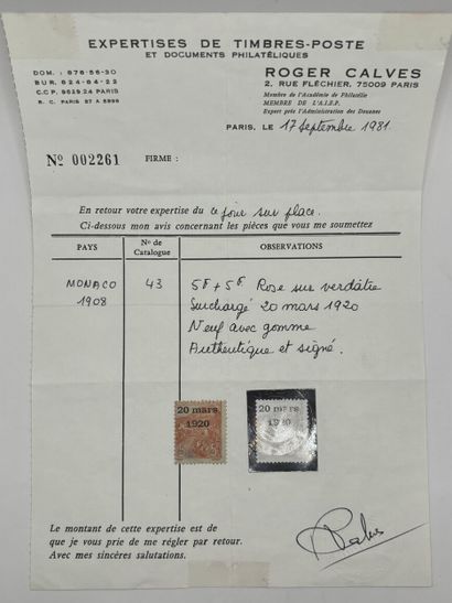 Monaco: N° 43 ** 5F + 5F overprinted March...
