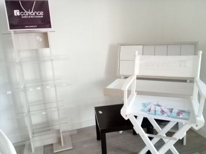 Agencement dont table basse, chaise,présentoirs...
