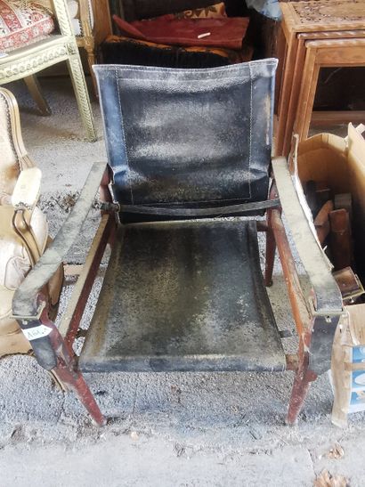 2 Fauteuils Safari en cuir et bois ( acc...
