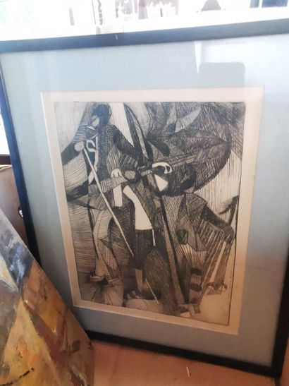 Lot de 8 toiles, dessins et lithographie...