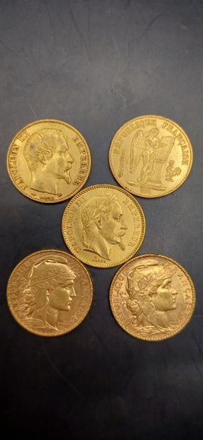 Lot of 5 Coins of 20 francs gold,
weight...