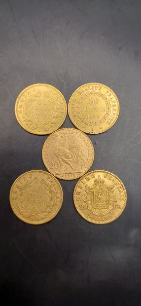 Lot of 5 Coins of 20 francs gold, 
weight...