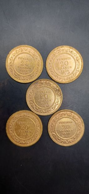 TUNISIA
Lot of 5 Coins of 20 francs gold
Weight...