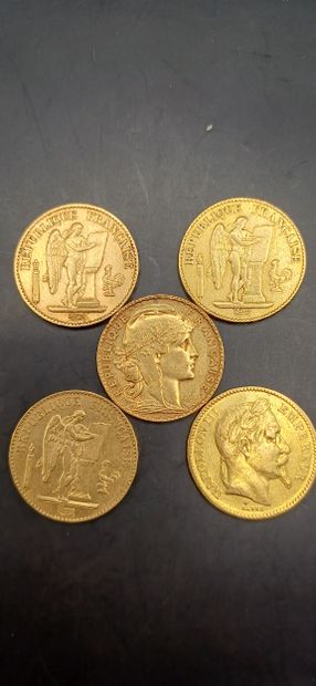 Lot of 5 Coins of 20 francs gold, 
weight...