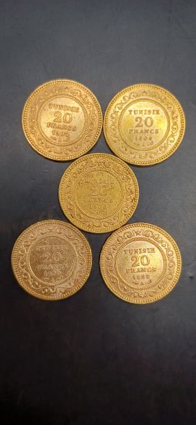 TUNISIA
Lot of 5 Coins of 20 francs gold
Weight...