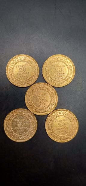 TUNISIA
Lot of 5 Coins of 20 francs gold
Weight...