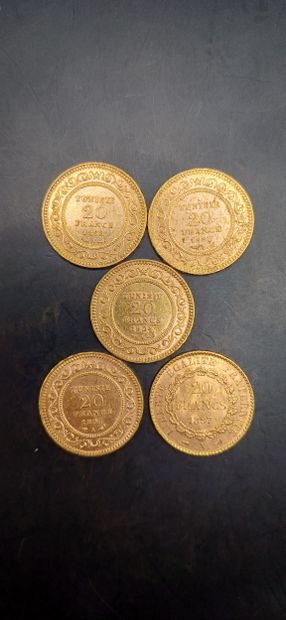 TUNISIA
Lot of 5 Coins of 20 francs gold
Weight...