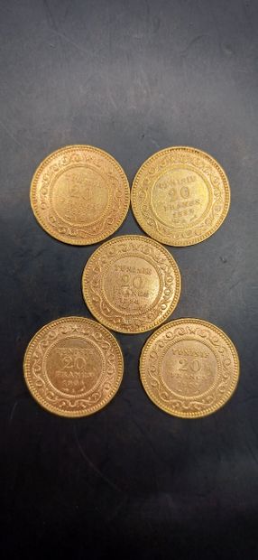 TUNISIA
Lot of 5 Coins of 20 francs gold
Weight...