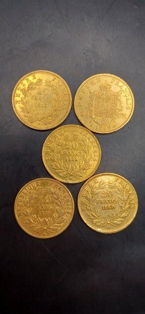 Lot of 5 Coins of 20 francs gold,
weight...