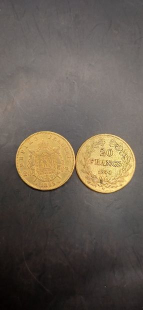 Lot de deux pièces de 20 francs or
Louis...