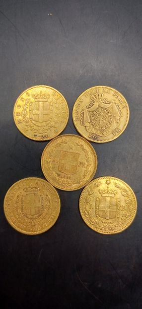 Lot of 5 Coins of 20 francs gold, 
3 Italian...