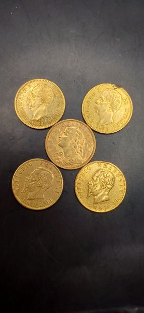 Lot of 5 Swiss 20 franc gold coins
Weight...