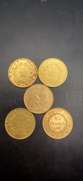 Lot of 5 Coins of 20 francs gold, 
weight...