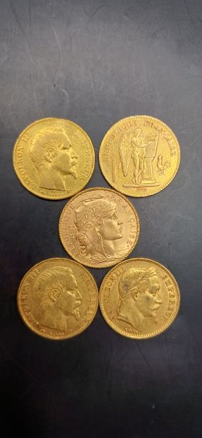Lot of 5 Coins of 20 francs gold, 
weight...