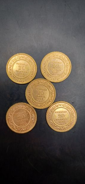 TUNISIA
Lot of 5 Coins of 20 francs gold
Weight...