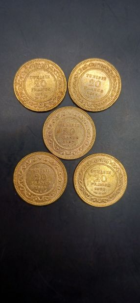 TUNISIA
Lot of 5 Coins of 20 francs gold
Weight...