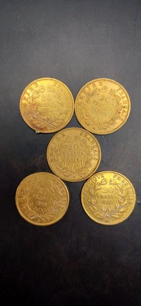 Lot de 5 Pièces de 20 francs or (traces de...