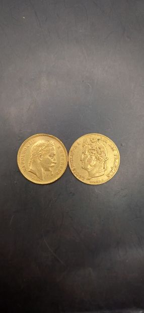 Lot de deux pièces de 20 francs or
Louis...
