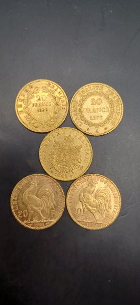 Lot of 5 Coins of 20 francs gold,
weight...