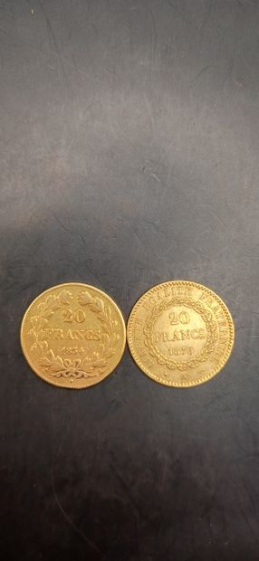 Lot de deux pièces de 20 francs or
Louis...