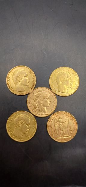 Lot of 5 Coins of 20 francs gold, 
weight...