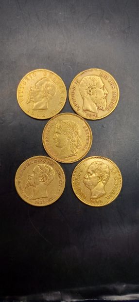 Lot of 5 Coins of 20 francs gold, 
3 Italian...