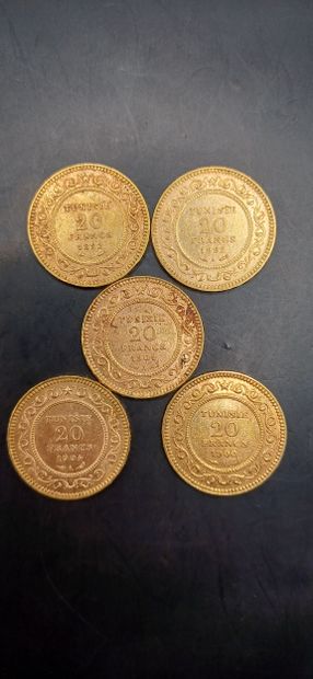 TUNISIA
Lot of 5 Coins of 20 francs gold
Weight...