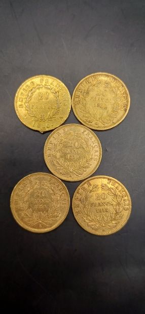 Lot of 5 Coins of 20 francs gold,
weight...