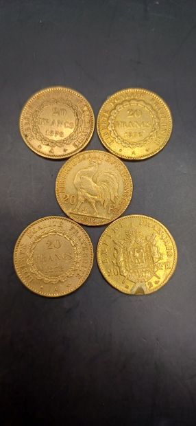 Lot of 5 Coins of 20 francs gold, 
weight...