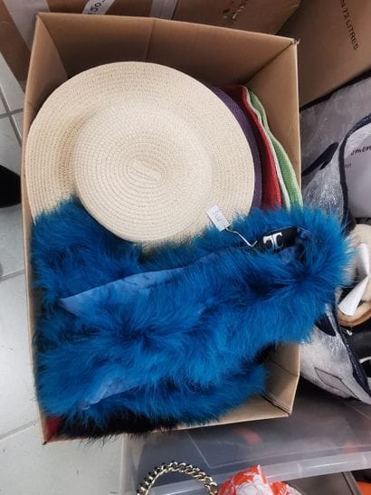 Fort lot de chapeaux et boas dans un car...