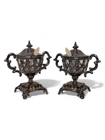 Pair of mustard pots in solid silver, Minerve...