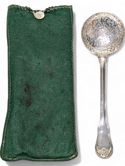 Solid silver sprinkling spoon with rich openwork...