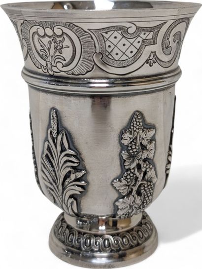 Large tulip-shaped kettledrum on pedestal...