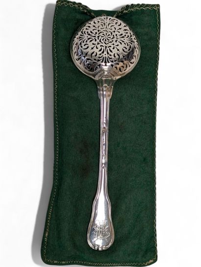 Solid silver sprinkling spoon with rich openwork...