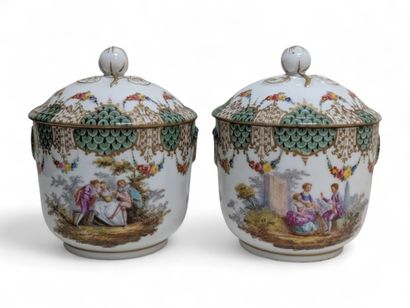 Pair of covered porcelain bouillons with...