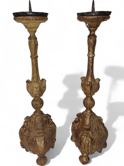 Pair of carved and gilded wood, tripod corner...