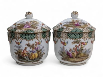 Pair of covered porcelain bouillons with...