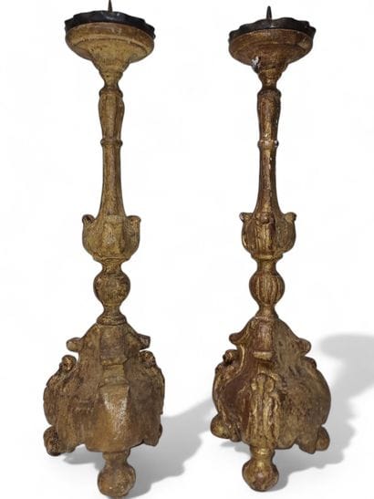 Pair of carved and gilded wood, tripod corner...