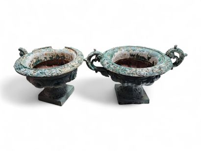 Paire de vases de jardin à anses en fonte...