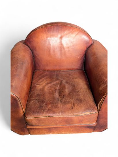 Paire de fauteuils Club vintage en cuir cognac...