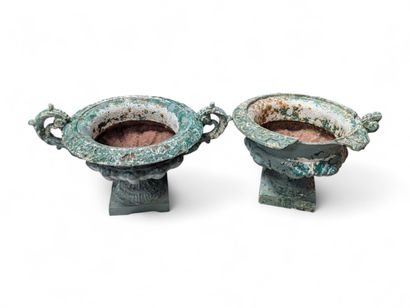 Paire de vases de jardin à anses en fonte...