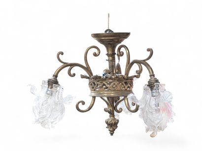 Lustre corbeille en bronze et laiton ciselé...