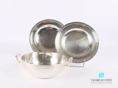 A flat-bottomed vegetable dish with a silvery...