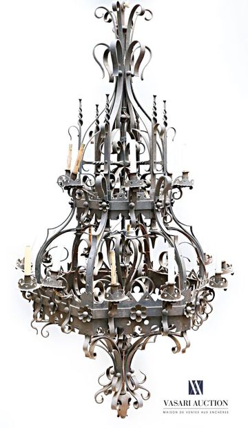 Very important wrought iron chandelier with...