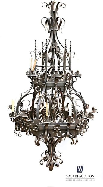 Very important wrought iron chandelier with...